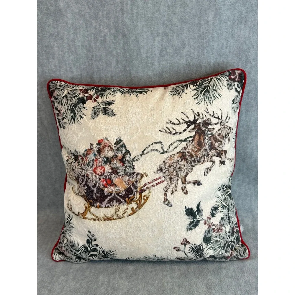 Christmas Olde World Santa Sleigh Reindeer Throw Pillow Red Trim Cream ‎ 17 x 17